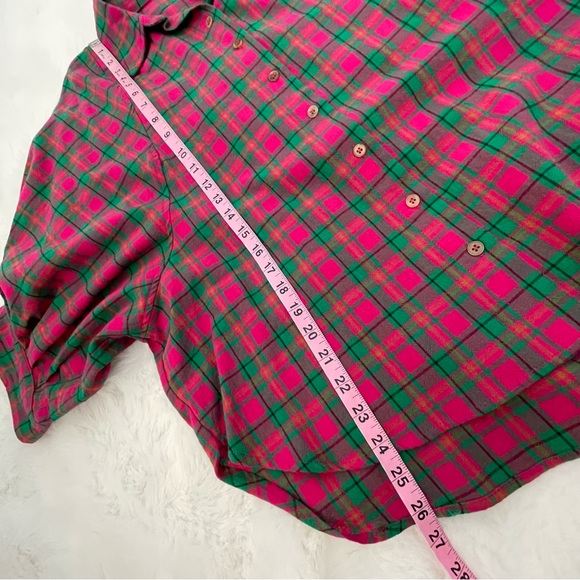 Entro Vibrant Puff Sleeve Hot Pink & Green Oversized Plaid Cotton Top - Picture 7 of 15